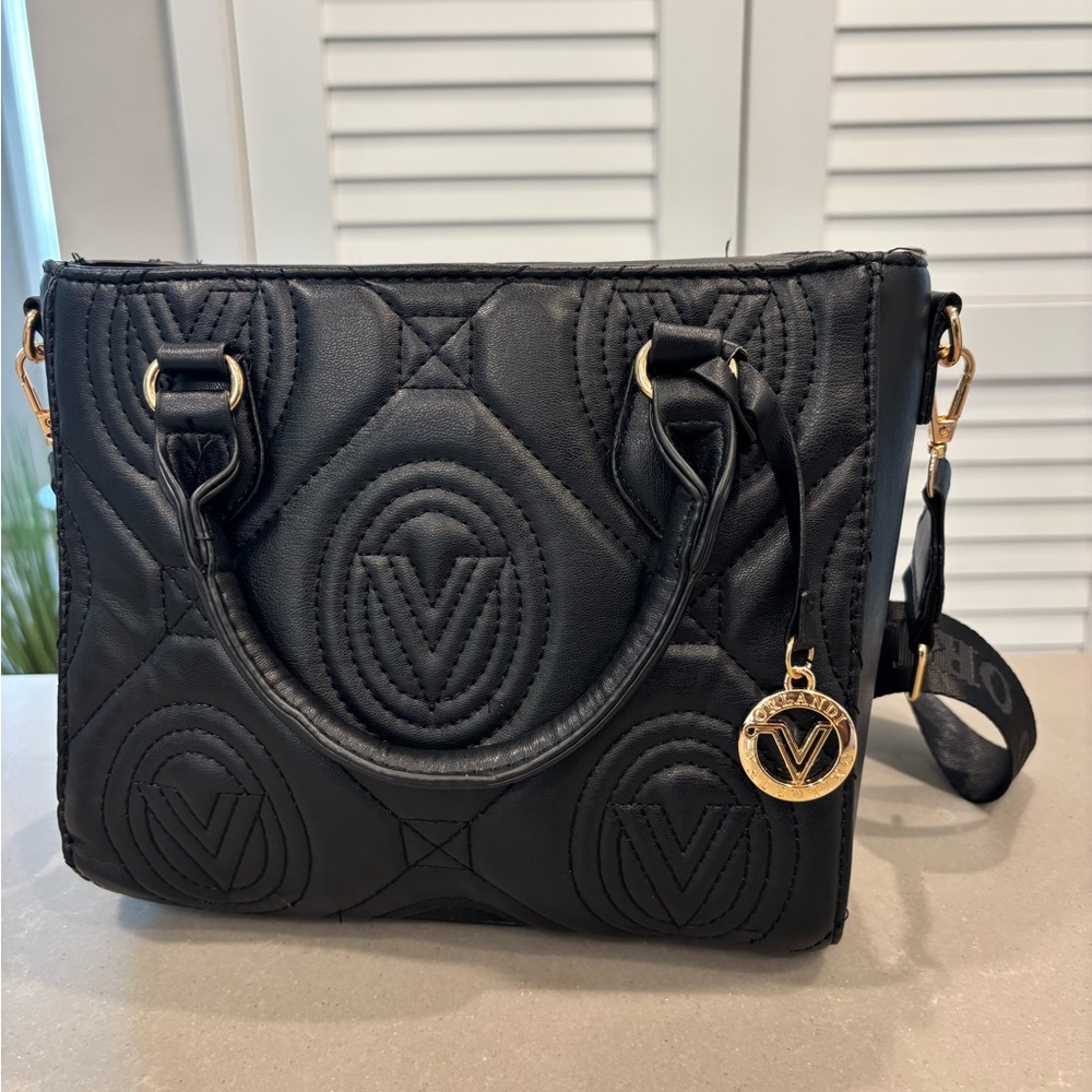 Valentino Orlandi Black Quilted Shoulder Bag with Gold Accents